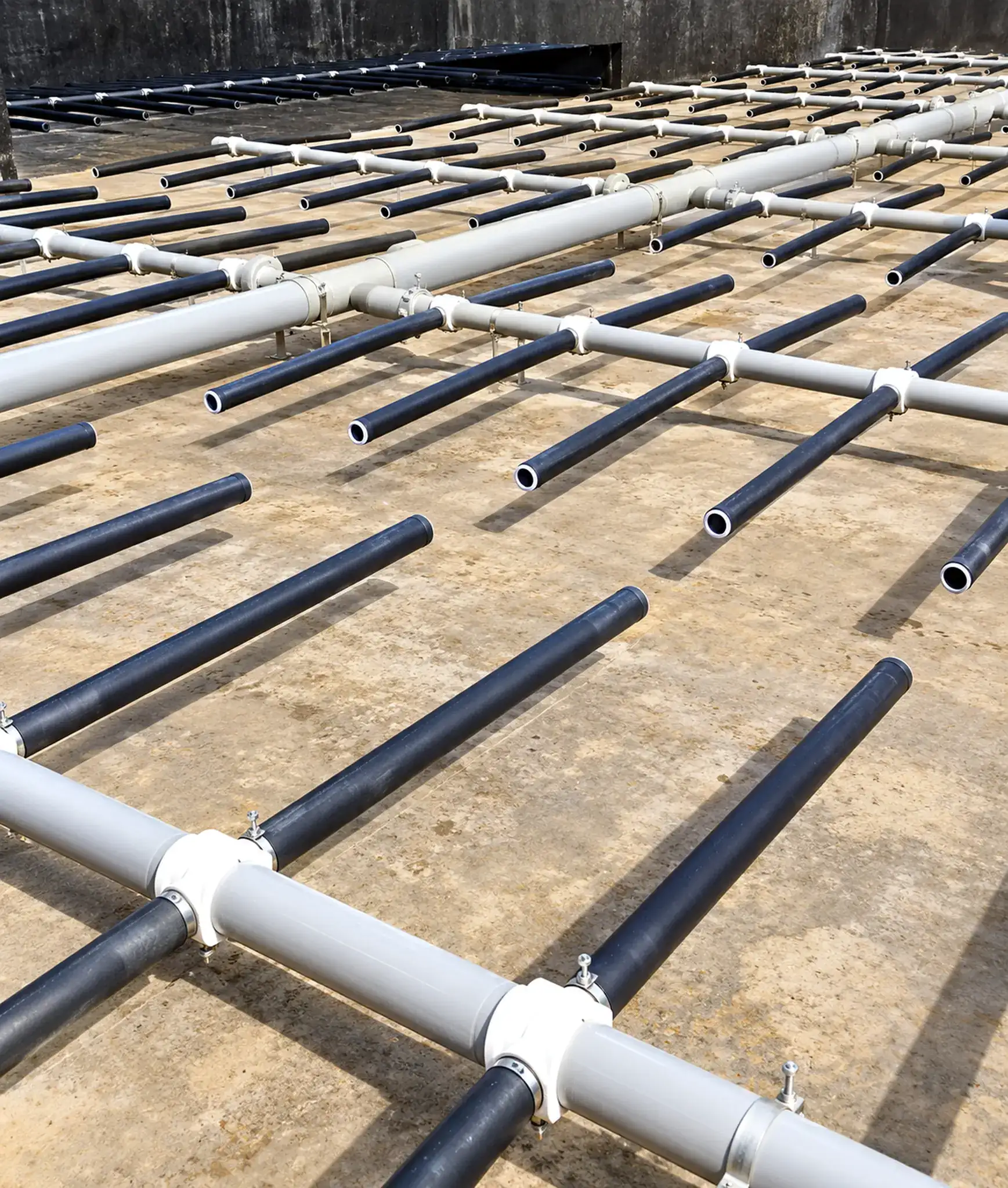 Industrial aeration pipe grid installed across a treatment basin